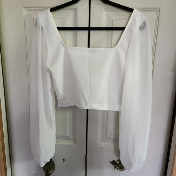 Womens Elegant White Sheer Sleeve Crop Top - Picture 8 of 10